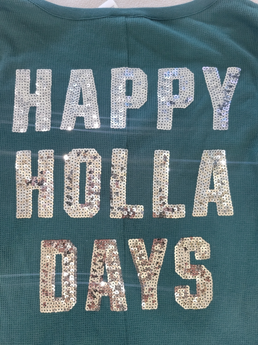PINK Victoria's Secret Green Sequin 'HAPPY HOLLA DAYS' Thermal Onesie
